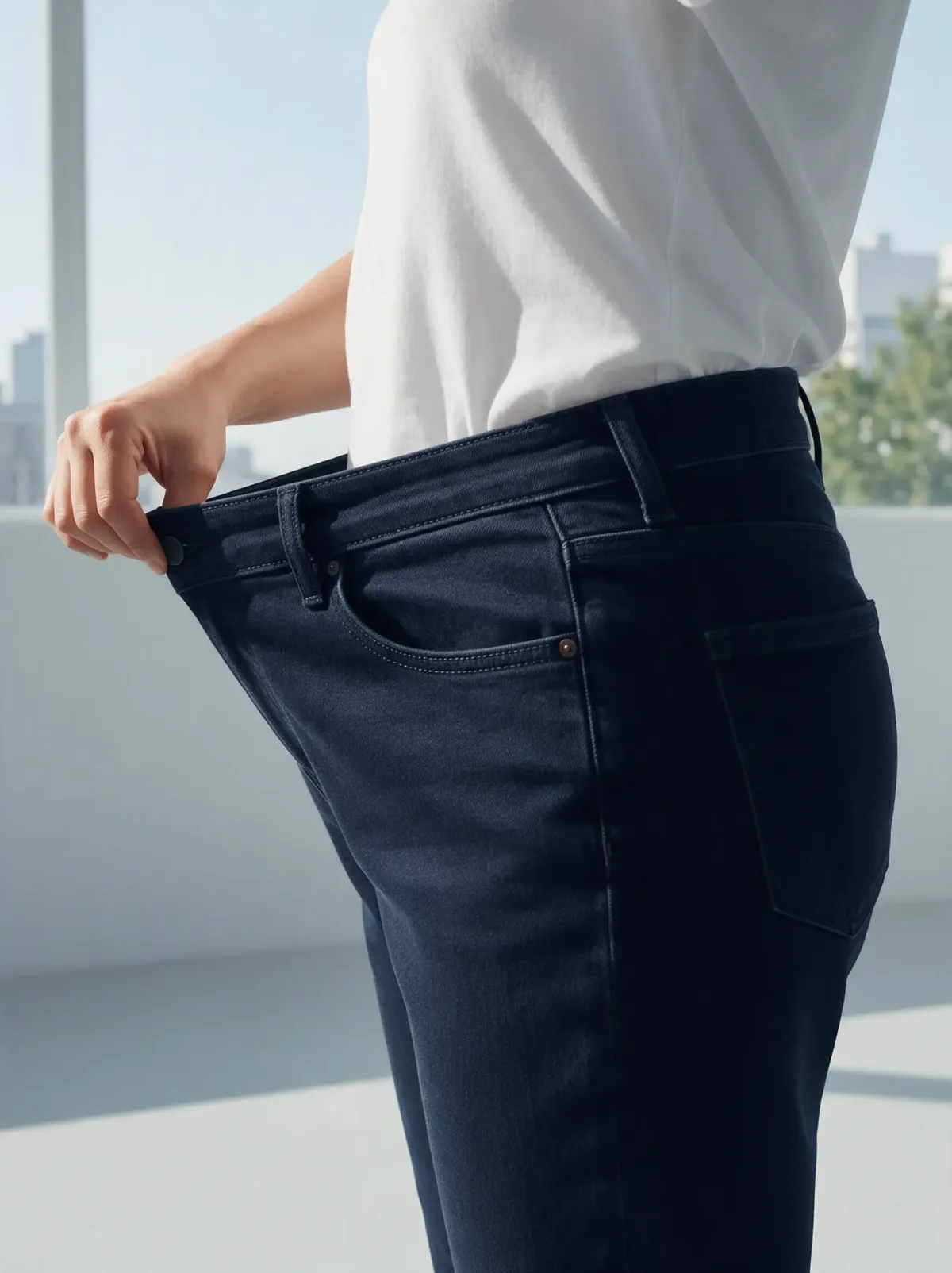 A loose waistband on dark jeans, pulled forward to show the gap